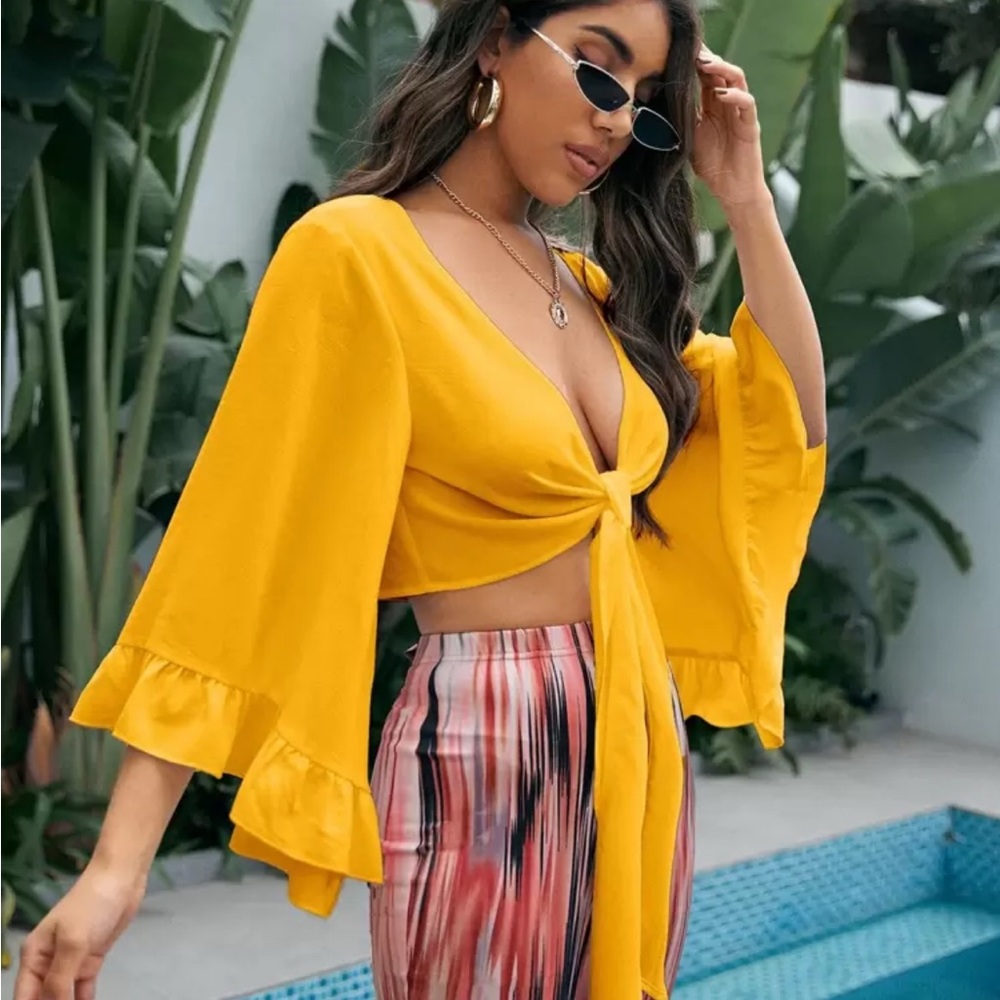 Yellow Ruffle Sleeve Tie-Front Top - Picture 2 of 3